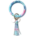 Detail of tropical PU leather ring keychain with flamingo pattern and tassel charm - Flamingo Print