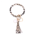 Detail of leopard print PU leather wristlet keychain with tassel and gold metal ring - Leopard Print