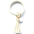 Creamy white PU leather keychain wristlet featuring gold metal ring and fringe tassel detail - Off White