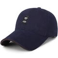 Gorra de béisbol de algodón azul marino con parche vintage y ribete marrón - Ajustable / Etiqueta Negra Azul