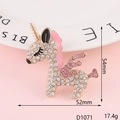 Detailed view of pink and white unicorn crystal brooch with 54mm by 52mm size dimensions - D1071 — Unicorn (Gold Base Pink)