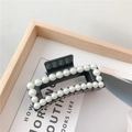 Elegant black rectangular hair claw clip with white pearl accents on glossy acrylic - No. 27 Square Pearl Medium Black