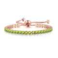 Detail of rose gold bolo bracelet featuring square-cut green zircons and adjustable slider - 3mm Square / Rose Gold With Olive Green Stone