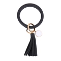 Black PU leather ring keychain bracelet with long tassel and gold metal spring clasp - Solid Black