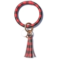 Red and black buffalo plaid PU leather tassel keychain bracelet with round tag - Red Plaid