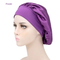 Glossy purple satin bonnet with wide elastic band for hair care and sleeping - Adjustable / Purple