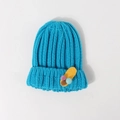 Blue chunky rib knit beanie for winter featuring colorful decorative triple pompoms - 48-56CM / Blue