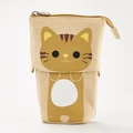Vertical khaki canvas pencil case with cute cat print and retractable telescopic design - Khaki/Yellow Cat