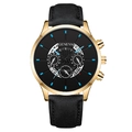 Montre GENEVA quartz pour hommes, boîtier doré, bracelet cuir noir et index bleus - Cadran Noir Boîtier Or Aiguilles Bleues Bracelet Noir