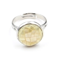Adjustable silver ring featuring a round pale yellow tiger eye stone bread bead inlay - Adjustable Open / Yellow Shell