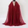 Solid deep red wrinkled cotton scarf with natural fringe edges for women - Burgundy