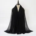 Elegant black cotton-linen scarf with fine fringe tassels and a lightweight sheer texture - Black