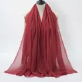Lightweight wine red cotton linen scarf with crinkle texture and fringe edge - 180x90cm / Wine Red (77#)