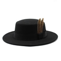 Detail of black wool felt flat top hat featuring silk ribbon and brown spotted feathers - M (56-58cm) / Black