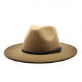 British style wide brim wool fedora hat with camel gradient and black leather belt - M / Khaki