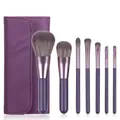Macro view of 7-piece purple makeup brush set and matching lychee texture PU leather case - 7Pcs with Bag / Noble Purple