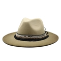 Detail view of khaki wool felt fedora featuring woven band with sequins and black fringe - M (56-58cm) / Army Green