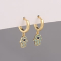 Golden Hamsa Hand hoop earrings with turquoise stones and blue evil eye charms - Blue Zirconia