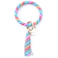 Rainbow striped PU leather keychain circle ring with colorful tassels and gold clasp - Rainbow Stripes