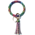 Detail of colorful leopard print PU leather wristlet keychain with tassel and white blank tag - Colorful Leopard