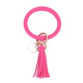 Close-up of pink PU leather wristlet keychain with golden ring and tassel detail - Rose Red Style