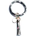 Detail of PU leather wristlet keychain with bull skull, pink roses and leather tassel - Bull Head