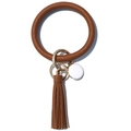 Brown leather wristlet keychain with matching tassel charm and gold metal ring - Brown