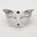 Elegant white lace cat mask for Halloween cosplay with faux fur and shiny rhinestones - White Lace Cat Ears Mask with Fur