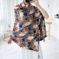 Ethnic cotton linen shawl in brown with pink tropical leaves and fringe tassels - 180cm / Tropical Plant Brown Base Tassel Style (L262)