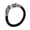 Braided black leather bracelet with silver stainless steel double dragon head charms - One Size / Dragon Head Style (KB17527-D)