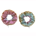 Close-up of two iridescent laser gradient scrunchies with metallic mesh texture and luster - Yellow & Green