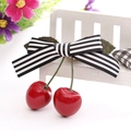 Cosplay hair clip featuring black and white striped bow with 3D red cherry pendant - Black Stripe