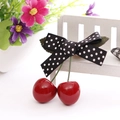 Cute cherry hair clip with black polka dot bow and green leaves for girls - Black with White Polka Dots