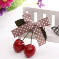 Sweet cherry hair clip with pink polka dot bow and red glossy cherries for girls - Brown with White Dots