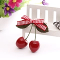 Cute cherry hair clip with red and white gingham bow and green felt leaves - Red White Plaid