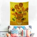 Artistic Van Gogh Sunflower tapestry displayed over a colorful bohemian sofa on white wall - Sunflowers in a Vase