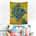 Artistic Van Gogh Iris flower wall tapestry for home decor hanging in an elegant living room - Irises Yellow Background