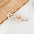 Elegant gold finish hair clip featuring double heart-shaped white faux pearls - Double Heart Pearl Duckbill Clip