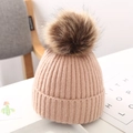 Detailed knit texture and brown faux fur pompom on pink winter baby beanie - 3-6 Years / Standard / Pink