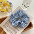 Elegant blue floral organza hair scrunchie with white daisy print for Korean style hair styling - Little Floral