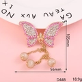 Pink and white rhinestone butterfly brooch with pearl pendant on 105mm gold base - D446 Pink Border Butterfly