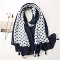 Detail of heart print cotton linen scarf featuring delicate blue and white fringe tassels - Navy White Heart Print Tassel