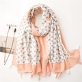 Peach pink and white cotton linen scarf with gray heart pattern and tassel edges - Pink Grey Heart Print Tassel