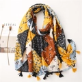 Bohemian patchwork floral shawl scarf with tassels in yellow and brown tones - Black Patchwork Boho Print Tassel