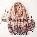 Detail of bohemian scarf with orange paisley print, blue borders and bicolor tassels - Beige Orange Navy Paisley Print Tassel