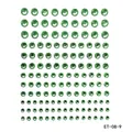 Macro detail of green acrylic rhinestone face stickers in 12 rows of varying sizes - ET-08-9 Green Round Rhinestone