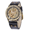 Retro bronze skeleton automatic mechanical watch with black leather strap and Roman numerals - Genuine Leather/Alloy / Black Leather Strap