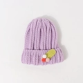 Winter rib-knit beanie in light purple with green leaf and colorful pom-poms decor - 48-56CM / Purple