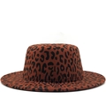 Classic leopard print flat top wool fedora hat with wide brim in reddish brown tone - M (56-58cm) / Burgundy