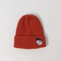 Kids ribbed knit beanie in brick red color with minimalist boy face embroidery patch - Red